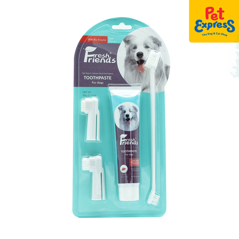 Fresh Friends Set of Beef Flavor Toothpaste 90g + 3 Toothbrush Dog Dental Care