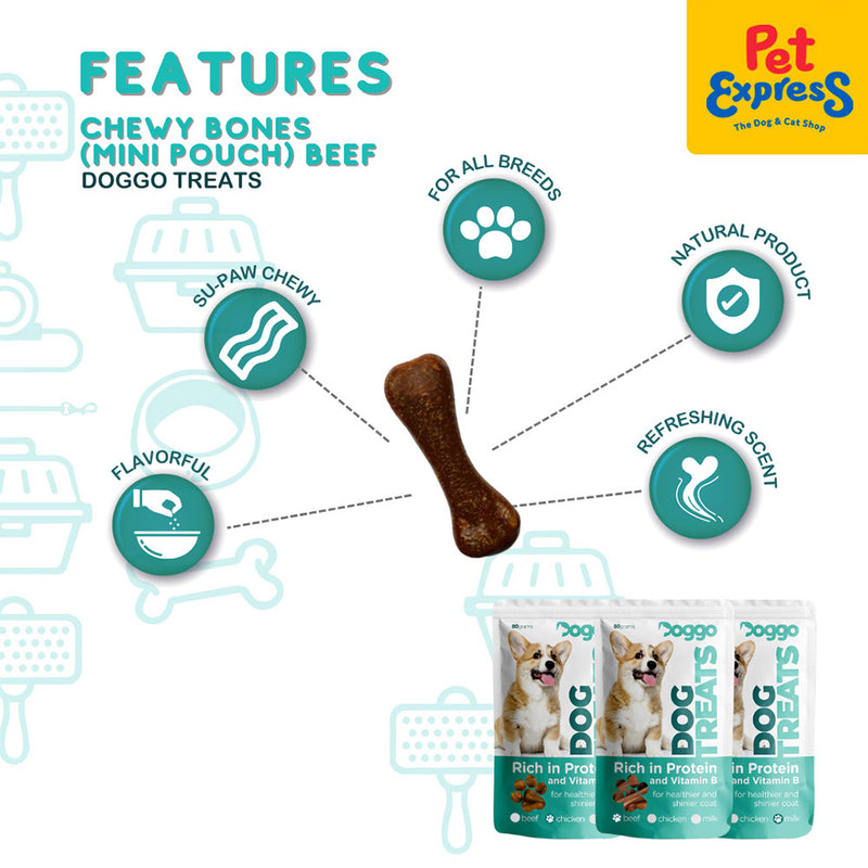 Doggo Chewy Bones Beef Dog Treats Mini Pouch 80g