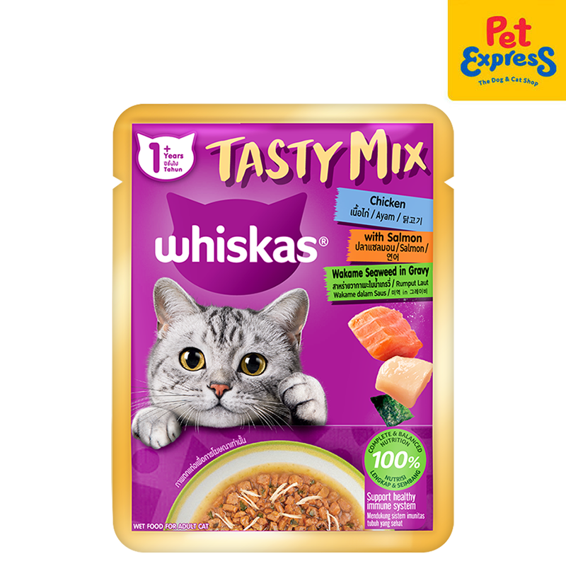 Whiskas Adult Tasty Mix Chicken with Salmon and Wakame Seaweed in Gravy Wet Cat Food 70g (14 pouches)