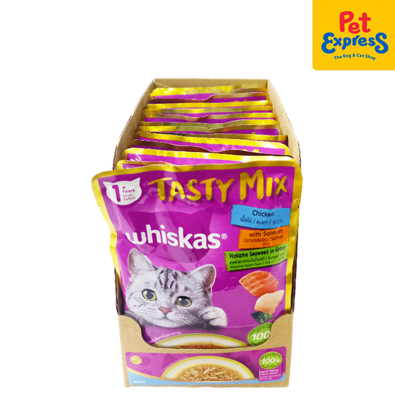 Whiskas Adult Tasty Mix Chicken with Salmon and Wakame Seaweed in Gravy Wet Cat Food 70g (14 pouches)