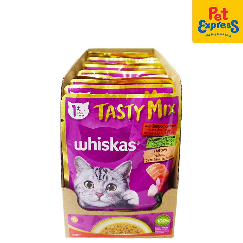 Whiskas Adult Tasty Mix Seafood Cocktail Wakame Seaweed in Gravy Wet Cat Food 70g (14 pouches)