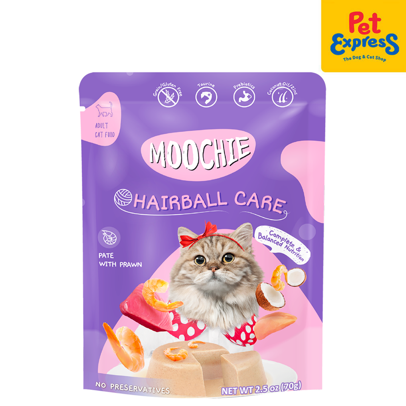 Moochie Adult Hairball Care Pate with Prawn Wet Cat Food 70g (12 pouches)