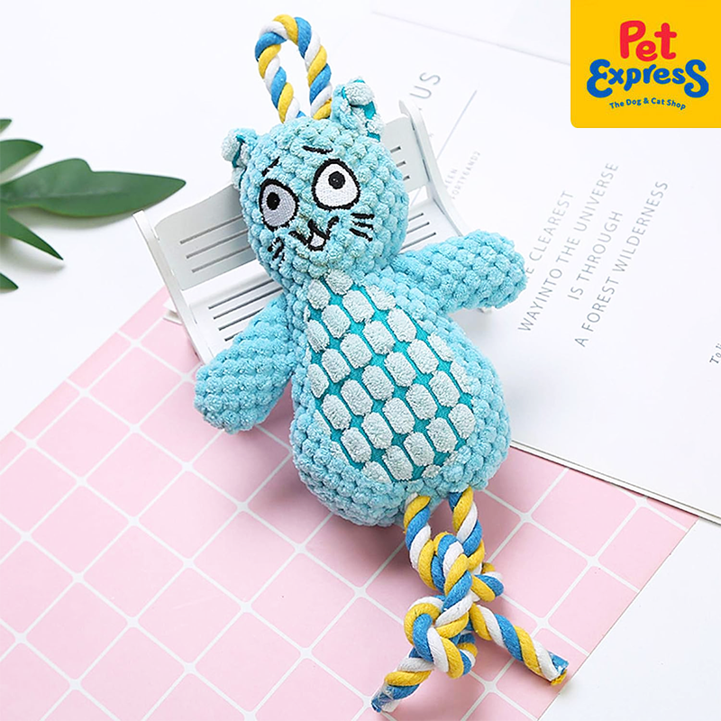 Approved Plush Blue Cat with Rope Dog Toy Pet Express