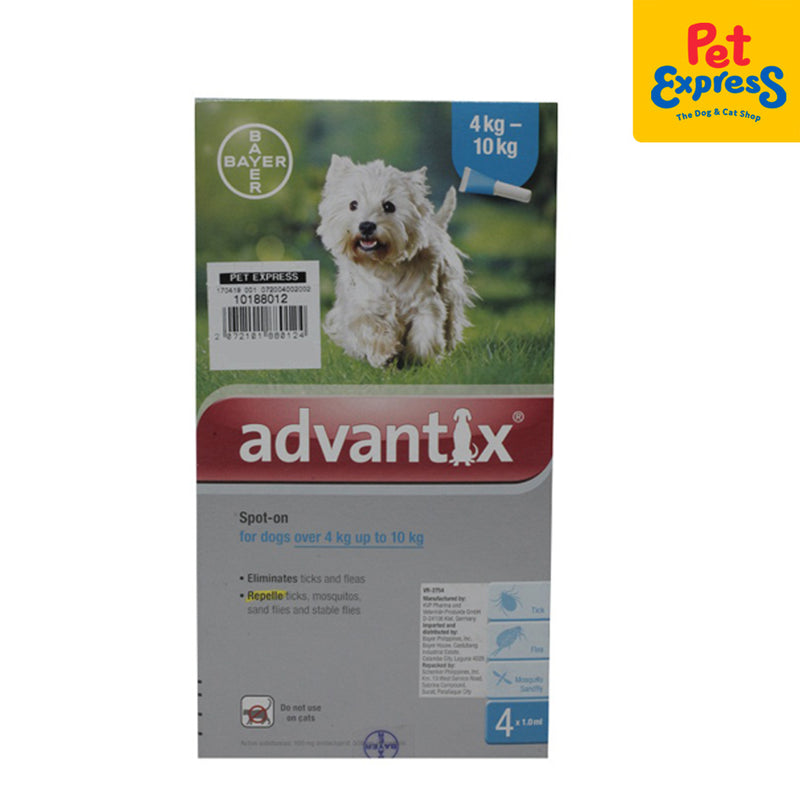 Bayer Advantix Tick and Flea Drops for Medium Breed Dogs 4-10kg (4 pipets)