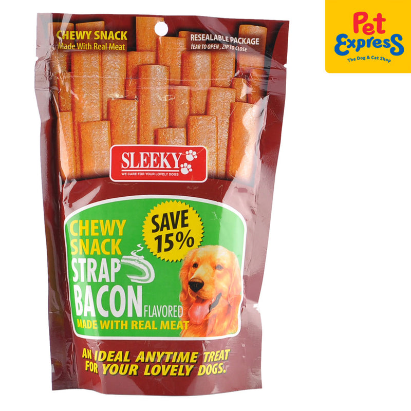 Sleeky Chewy Snack Strap Bacon Dog Treats 175g_front