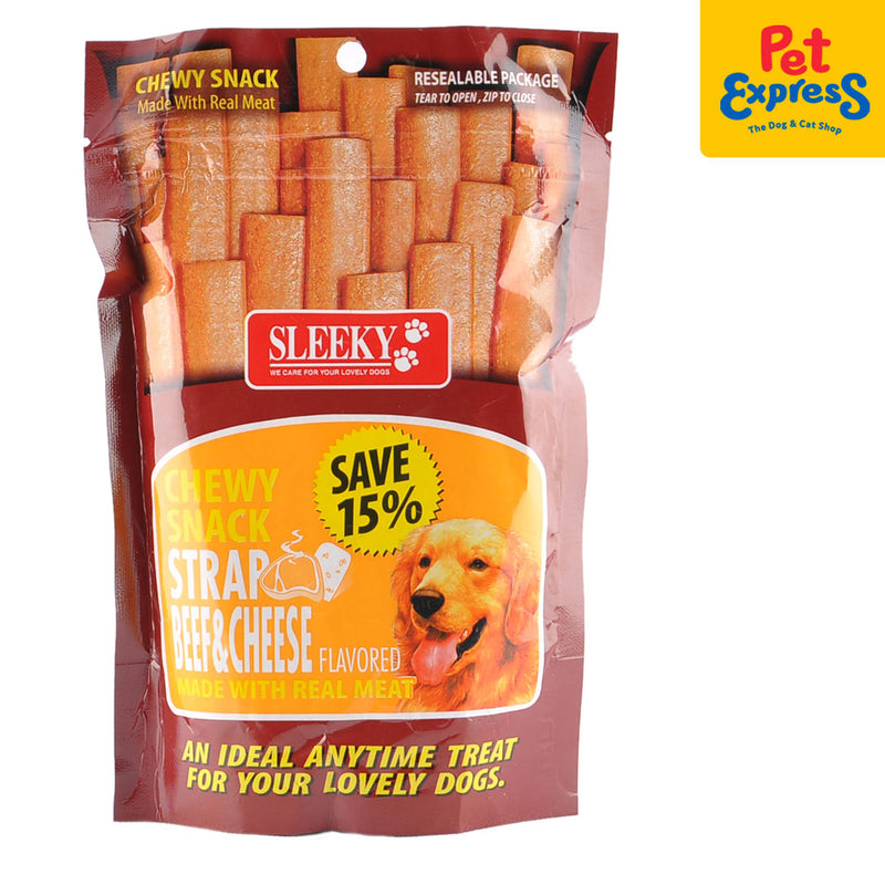 Treat your pets to a delicious and healthy snack. Sleeky Chewy Snack Strap Dog Treats 175g. Made with real meat. Has great taste and is nutritionally complete.