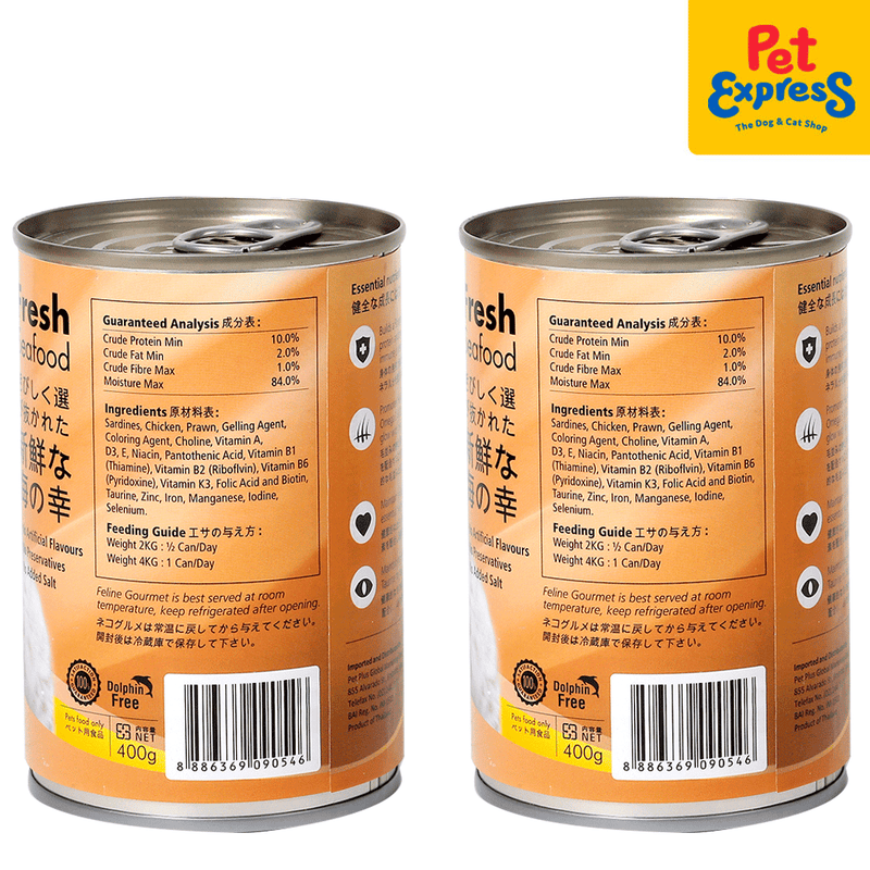 Feline Gourmet Sardines Chicken and Prawn Wet Cat Food 400g_back