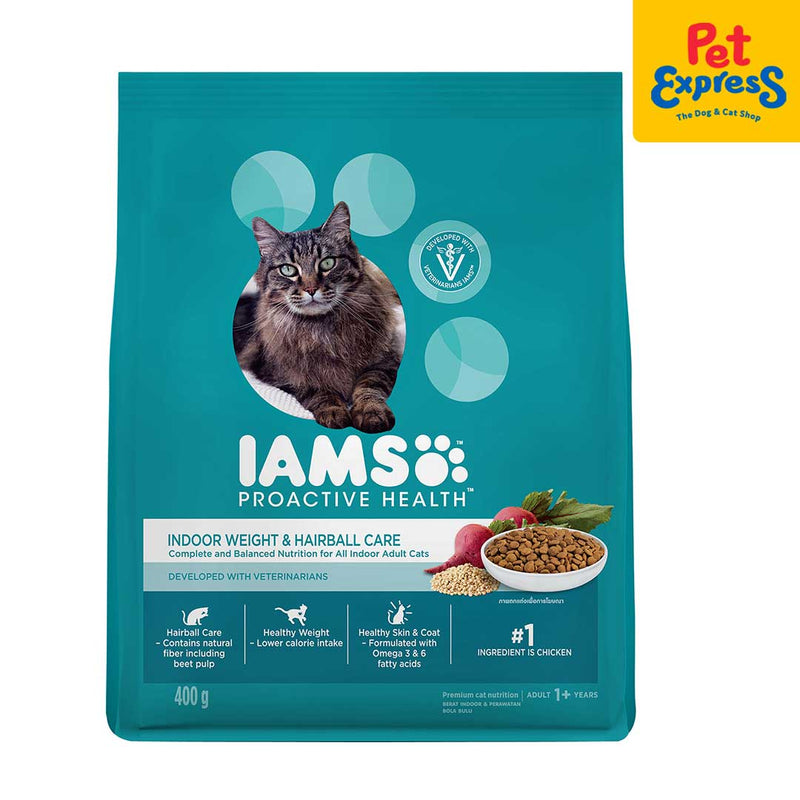 IAMS Adult Indoor Weight and Hairball Care Dry Cat Food 400g_front