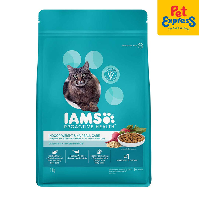 IAMS Adult Indoor Weight and Hairball Care Dry Cat Food 1kg_front
