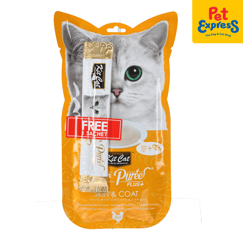 Kit Cat Purr Puree Plus Chicken Skin and Coat Care Cat Treats 15gx4 (2 packs)_front