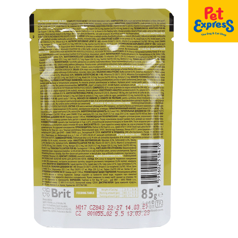 Brit Premium Adult Beef Fillet in Jelly Wet Cat Food 85g (24 pouches)