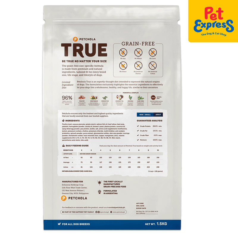 Petchola True Grain Free Adult Mini and Small Dry Dog Food 1.5kg