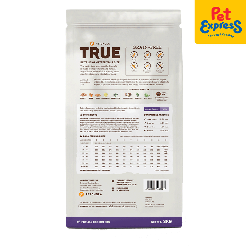 Petchola True Grain Free Medium and Large Puppy Dry Dog Food 3kg