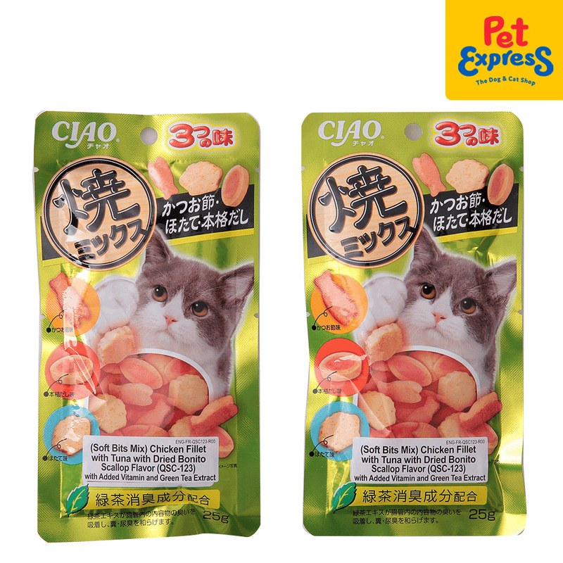 Inaba Soft Bits Mix Chicken Fillet with Tuna Dried Bonito Scallop Cat Treats 25g (QSC-123) (2 packs)