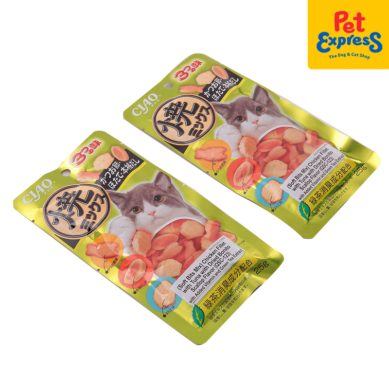 Inaba Soft Bits Mix Chicken Fillet with Tuna Dried Bonito Scallop Cat Treats 25g (QSC-123) (2 packs)